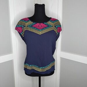 THML Embroidered Blouse Women Size Medium Navy Blue Geometric Tribal Top TM3760